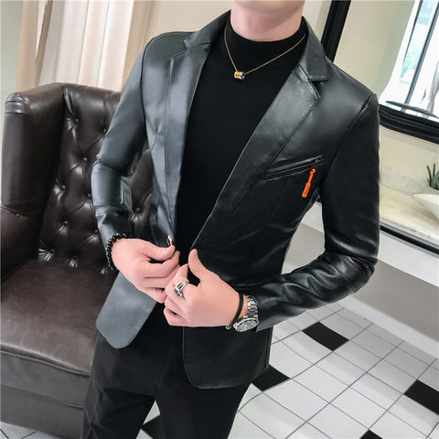 2019 New Autumn Faux Leather Suit Jacket Men Korean Trendy Slim Fit Coat White Red Black Fashion Streetwear Blazer Jackets Male