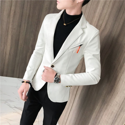 2019 New Autumn Faux Leather Suit Jacket Men Korean Trendy Slim Fit Coat White Red Black Fashion Streetwear Blazer Jackets Male
