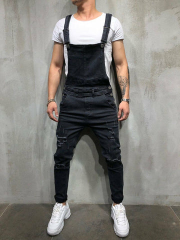 Men's Distressed Denim Carpenter Overalls Bib Jumpsuits Moto Biker Jean Pants Men's suspender trousers