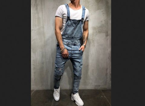 Men's Distressed Denim Carpenter Overalls Bib Jumpsuits Moto Biker Jean Pants Men's suspender trousers