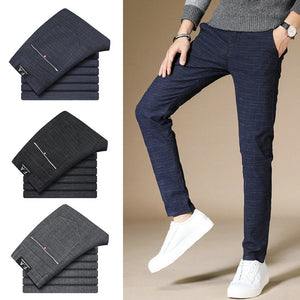 Business Casual Men Pants Cotton Blended Grid Straight Men Trousers Slim Fit Fashion Classic Man Pants