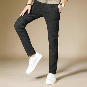 Business Casual Men Pants Cotton Blended Grid Straight Men Trousers Slim Fit Fashion Classic Man Pants