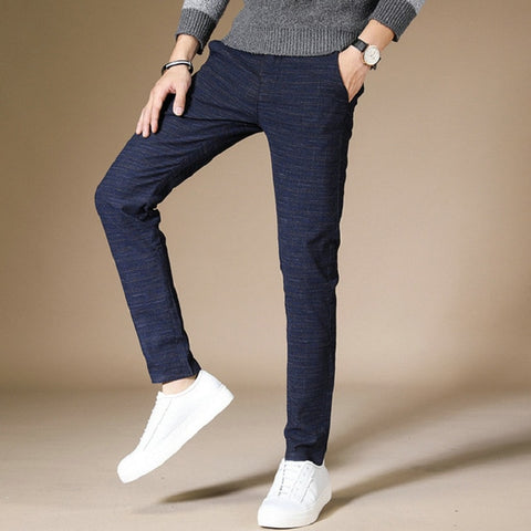 Business Casual Men Pants Cotton Blended Grid Straight Men Trousers Slim Fit Fashion Classic Man Pants