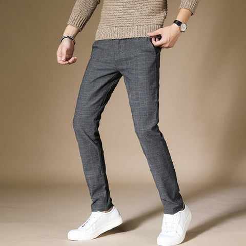 Business Casual Men Pants Cotton Blended Grid Straight Men Trousers Slim Fit Fashion Classic Man Pants