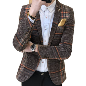 Men Blazer Slim Fit Designs Korean Elegante Male Plaid Blazer Masculino Tweed Button Wedding Casual mens Blazer Jacket Suit