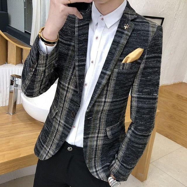 Men Blazer Slim Fit Designs Korean Elegante Male Plaid Blazer Masculino Tweed Button Wedding Casual mens Blazer Jacket Suit