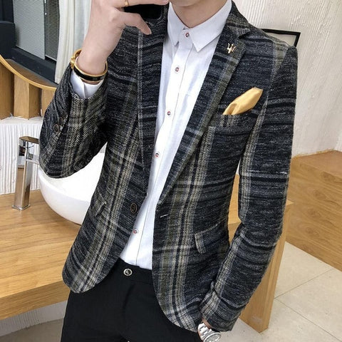 Men Blazer Slim Fit Designs Korean Elegante Male Plaid Blazer Masculino Tweed Button Wedding Casual mens Blazer Jacket Suit