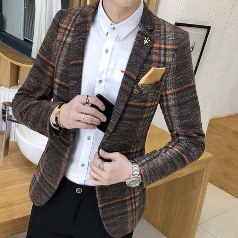 Men Blazer Slim Fit Designs Korean Elegante Male Plaid Blazer Masculino Tweed Button Wedding Casual mens Blazer Jacket Suit