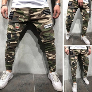 Mens Skinny Stretch Denim Pants Camouflage Pleated Ripped  Slim Fit Jeans Trousers 2019 Hot cargo pants jeans men Clothing