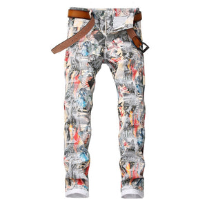 Sokotoo Men's English flag beauty girl 3D printed jeans Slim fit colored drawing painted stretch pants