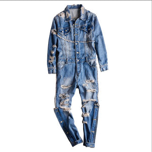 M-XXXL 2019 new European and American retro fashion denim jumpsuit male hip hop hole jeans trend casual tooling jumpsuit