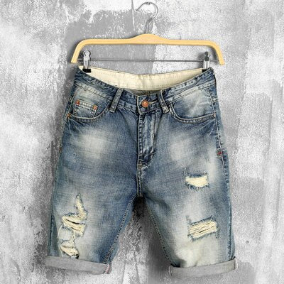 Summer denim shorts men Brand ripped Short Jeans skate board harem mens Fashion Cotton Breathable jogger ankle ripped wave QB677