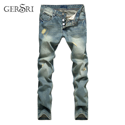 Gersri European American Style Popular Fashion jeans hole famous brand spliced jeans straight mens blue jeans pants men's jeans