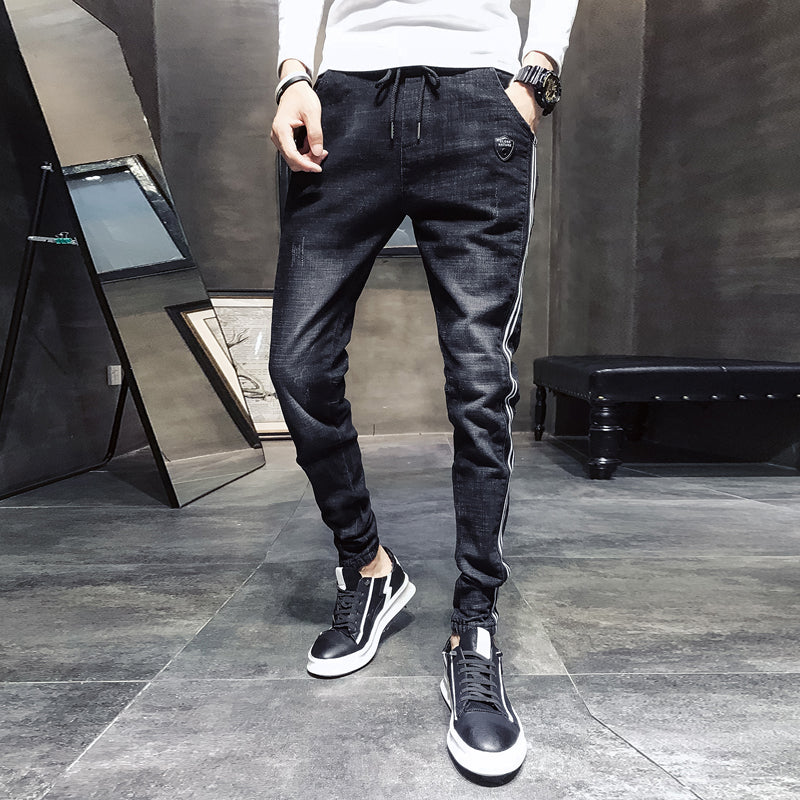 Black Slim Fit Jeans Men Washed Side Striped Drawstring Casual Denim Pants 2019 Autumn Winter High Quality Trousers Pants