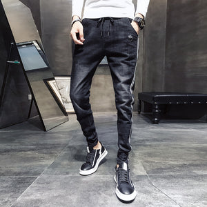 Black Slim Fit Jeans Men Washed Side Striped Drawstring Casual Denim Pants 2019 Autumn Winter High Quality Trousers Pants