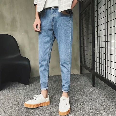New Spring Summer Men's Ankle Length Jeans Youth Casual Fashion Nine Pants Men's Light Blue Ripped Slim Fit Pencil Pants Jeans