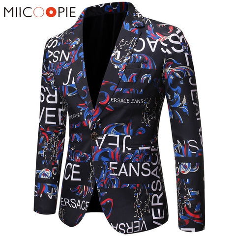 Floral Men Blazer New Brand Letter Printed Blazer Masculino Casual Slim Fit Business Formal Black Mens Suit Jacket Streetwear