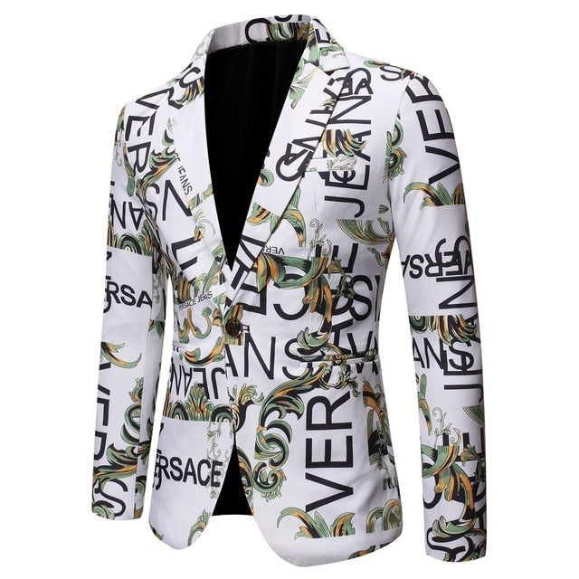 Floral Men Blazer New Brand Letter Printed Blazer Masculino Casual Slim Fit Business Formal Black Mens Suit Jacket Streetwear