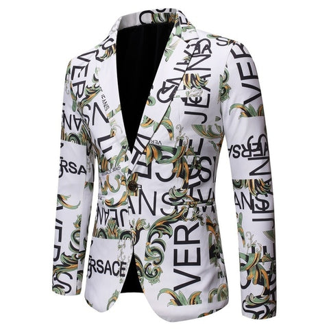 Floral Men Blazer New Brand Letter Printed Blazer Masculino Casual Slim Fit Business Formal Black Mens Suit Jacket Streetwear