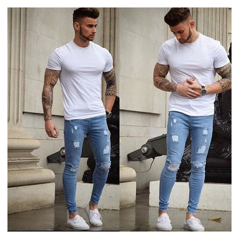 OLOME Men Denim Ripped Hole Jeans Slim Patchwork Jeans Casual Skinny Pencil Jeans for Men Clothes 2019 Stretch Embroidery Jeans