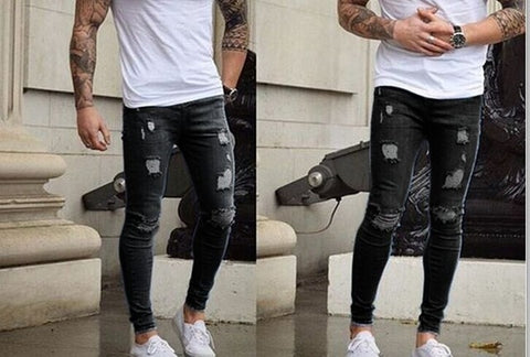 OLOME Men Denim Ripped Hole Jeans Slim Patchwork Jeans Casual Skinny Pencil Jeans for Men Clothes 2019 Stretch Embroidery Jeans
