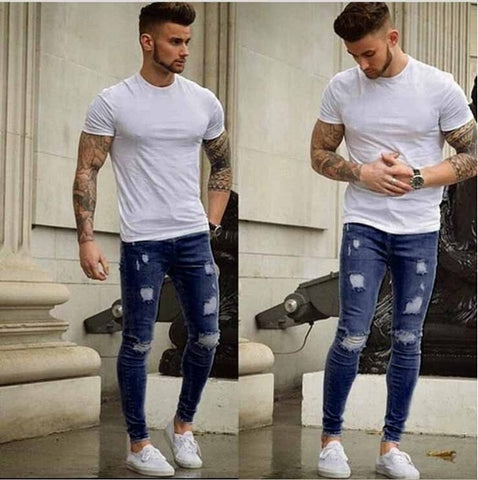 OLOME Men Denim Ripped Hole Jeans Slim Patchwork Jeans Casual Skinny Pencil Jeans for Men Clothes 2019 Stretch Embroidery Jeans