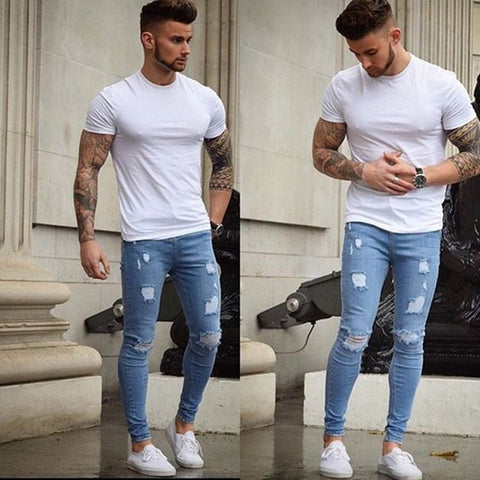 OLOME Men Denim Ripped Hole Jeans Slim Patchwork Jeans Casual Skinny Pencil Jeans for Men Clothes 2019 Stretch Embroidery Jeans