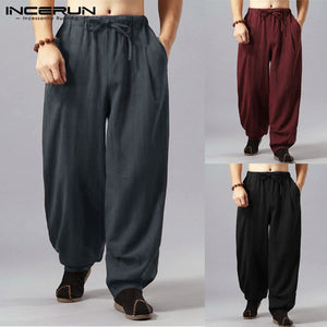 INCERUN Retro Cotton Wide Leg Pants Casual Pants Men Harem Baggy Loose Fitness Pant Bloomers Trouser Sweatpants Workout Joggers