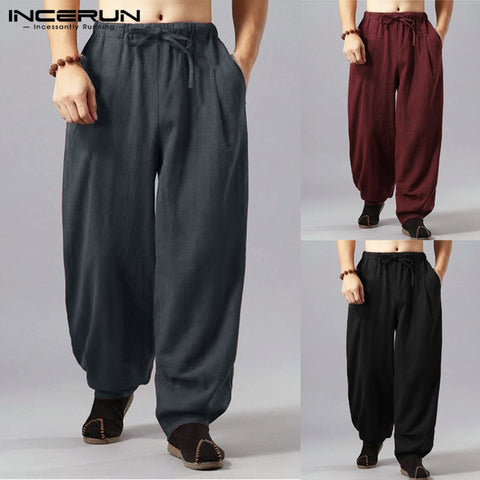 INCERUN Retro Cotton Wide Leg Pants Casual Pants Men Harem Baggy Loose Fitness Pant Bloomers Trouser Sweatpants Workout Joggers