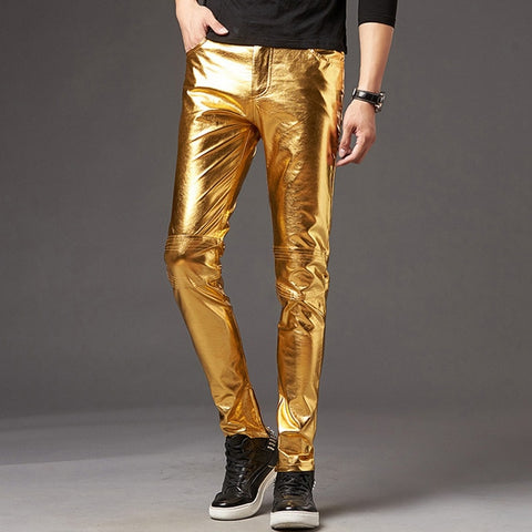 Sexy Mens Punk Elastic Tight Trousers PU Faux Leather Shiny Glossy Stage Pants