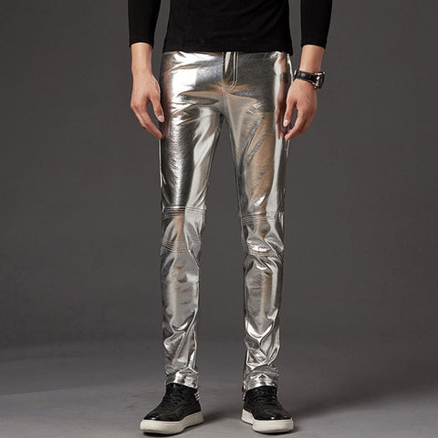 Sexy Mens Punk Elastic Tight Trousers PU Faux Leather Shiny Glossy Stage Pants
