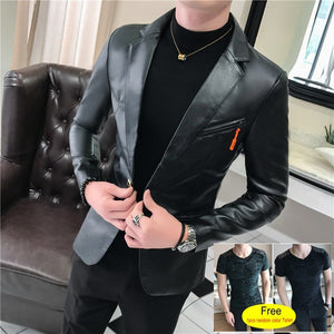 2019 New Autumn Faux Leather Suit Jacket Men Korean Trendy Slim Fit Coat White Red Black Fashion Streetwear Blazer Jackets Male