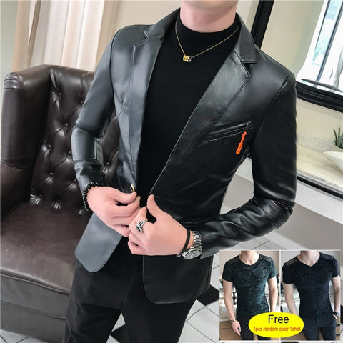 2019 New Autumn Faux Leather Suit Jacket Men Korean Trendy Slim Fit Coat White Red Black Fashion Streetwear Blazer Jackets Male