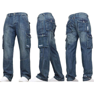 MORUANCLE Men's Casual Baggy Cargo Jeans Pants With Multi Pockets Loose Fit Tactical Denim Trousers For Male Plus Size S-5XL