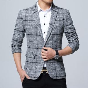 New Slim Fit Casual jacket Cotton Men Blazer Jacket Single Button Gray Mens Suit Jacket 2019 Autumn Patchwork Coat Male Suite
