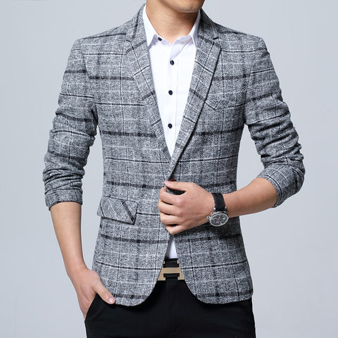 New Slim Fit Casual jacket Cotton Men Blazer Jacket Single Button Gray Mens Suit Jacket 2019 Autumn Patchwork Coat Male Suite