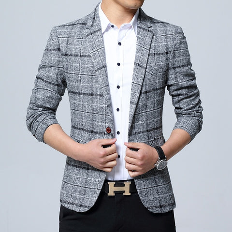 New Slim Fit Casual jacket Cotton Men Blazer Jacket Single Button Gray Mens Suit Jacket 2019 Autumn Patchwork Coat Male Suite
