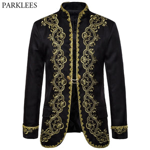 Baroque Palace Costume Men Blazer Gold Embroidery Blazer Mens  Black Blazers Stage Performance Men Suit Jacket Blazer Masculino