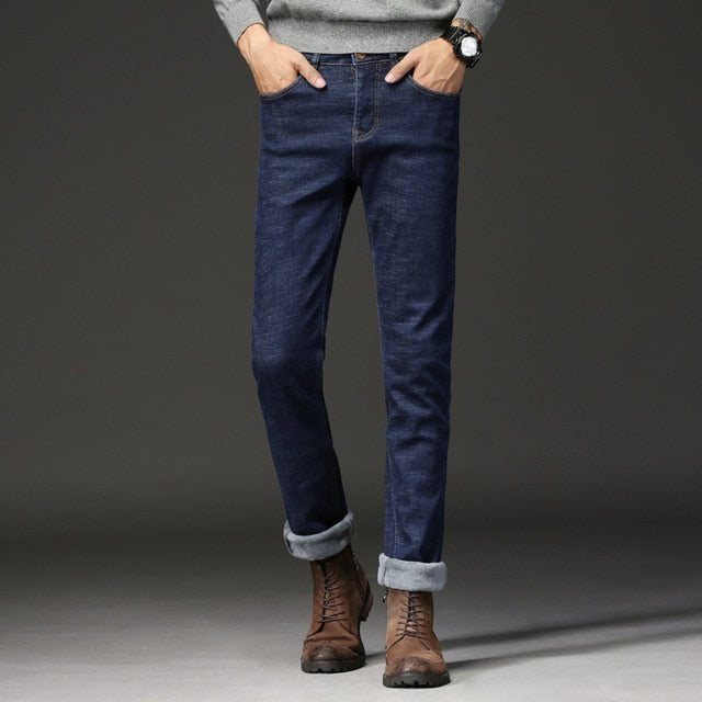 2019 Men Fashion Winter Jeans Men Black Slim Fit Stretch Thick Velvet Pants Warm Jeans Casual Fleece Trousers Male Plus Size