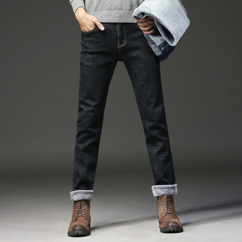 2019 Men Fashion Winter Jeans Men Black Slim Fit Stretch Thick Velvet Pants Warm Jeans Casual Fleece Trousers Male Plus Size