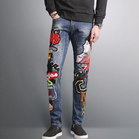 New fashion Men's Lady Printed Jeans Men Slim Straight Blue Long Jeans High Quality Designer Pants Nightclubs Singers Size 29-38