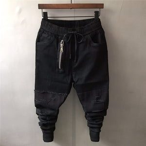 Autumn Winter Men Ripped Hole Jeans Black Slim Long Pencil Pants Elastic Middle Waist Denim Trousers With Zipper High Street