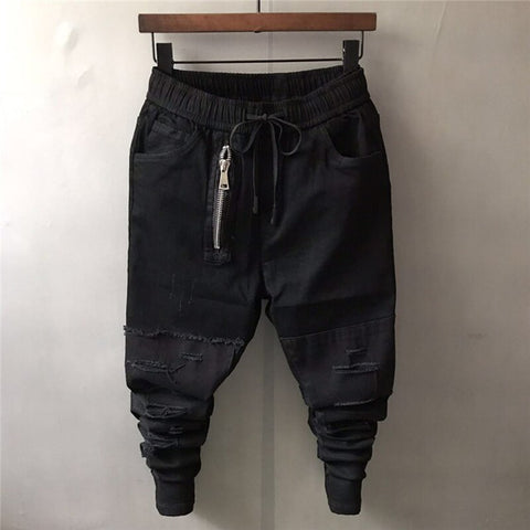 Autumn Winter Men Ripped Hole Jeans Black Slim Long Pencil Pants Elastic Middle Waist Denim Trousers With Zipper High Street