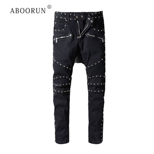 ABOORUN Punk Men's Fashion Rivets Biker Motorcycle Jeans Nightclub Patchwork Pencil Jeans for Male R387