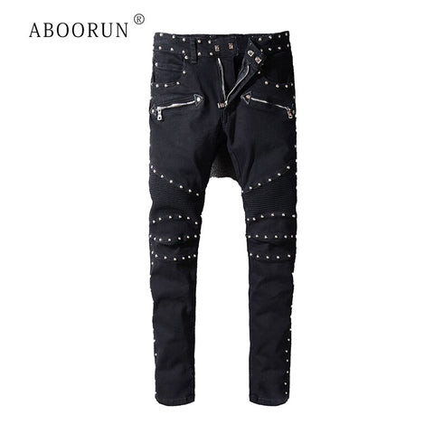 ABOORUN Punk Men's Fashion Rivets Biker Motorcycle Jeans Nightclub Patchwork Pencil Jeans for Male R387