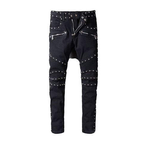 ABOORUN Punk Men's Fashion Rivets Biker Motorcycle Jeans Nightclub Patchwork Pencil Jeans for Male R387