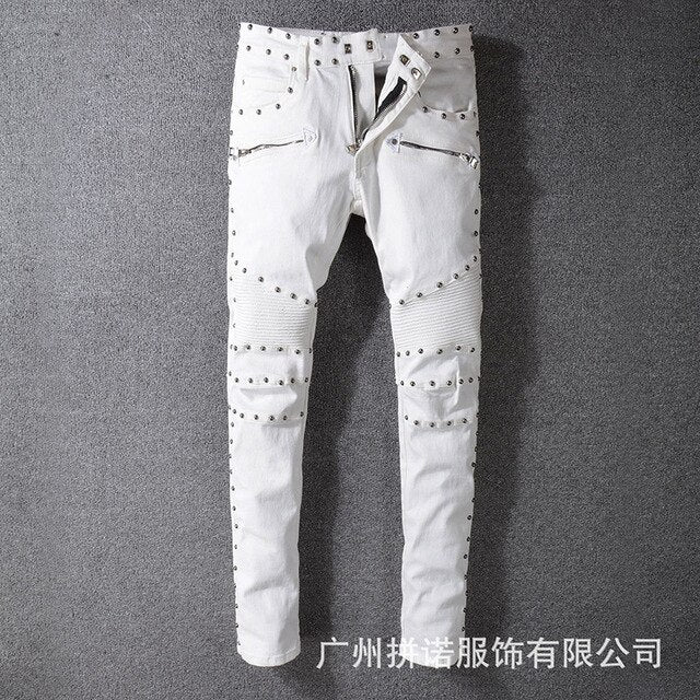 ABOORUN Punk Men's Fashion Rivets Biker Motorcycle Jeans Nightclub Patchwork Pencil Jeans for Male R387