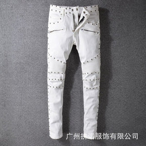 ABOORUN Punk Men's Fashion Rivets Biker Motorcycle Jeans Nightclub Patchwork Pencil Jeans for Male R387
