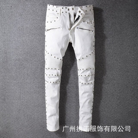 ABOORUN Punk Men's Fashion Rivets Biker Motorcycle Jeans Nightclub Patchwork Pencil Jeans for Male R387