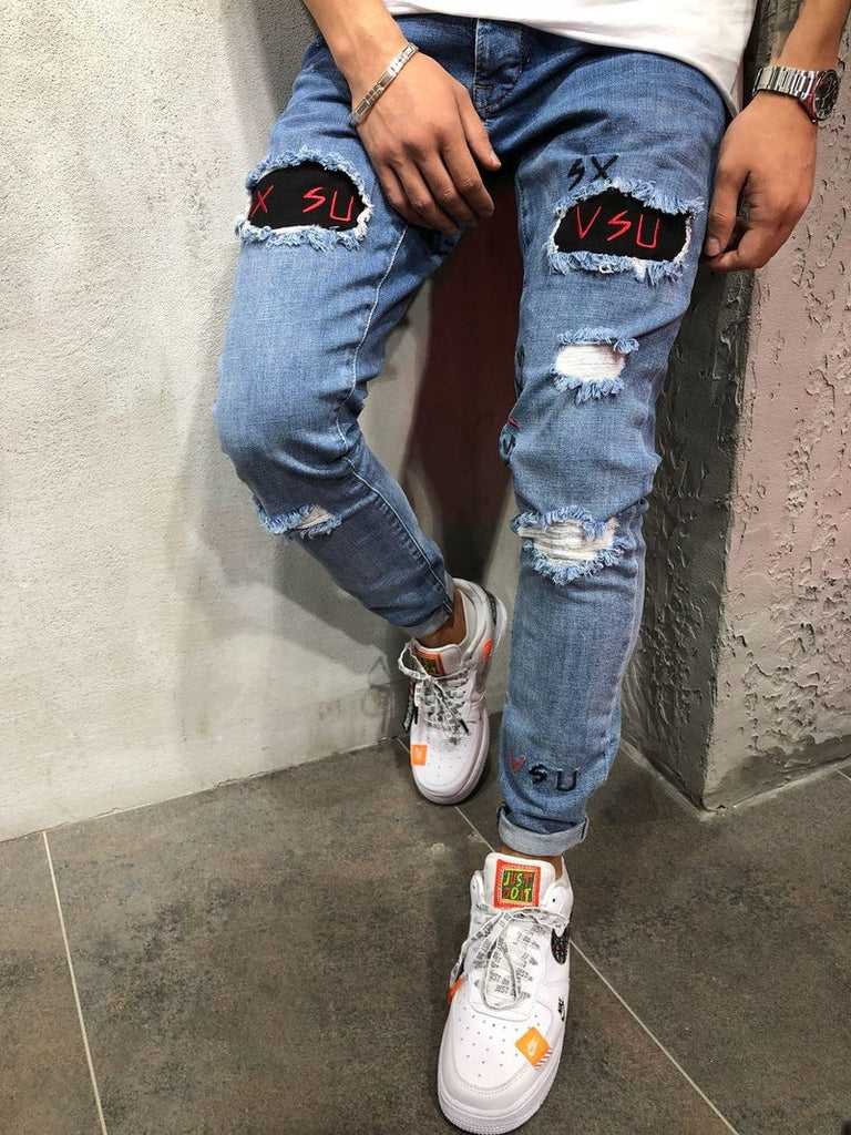Europe And America MEN'S Jeans New Style with Holes Embroidery MEN'S Trousers Ozhouzhan Men's Skinny Pants